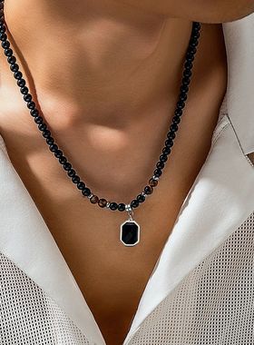 Black Beads with Square Pendant Necklace for Men Trendy Acce