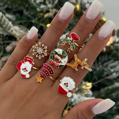 Christmas Series Charm Rings Set for Men Women Deer Snowflak