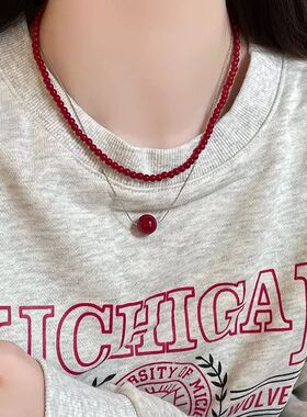 Fashionable Red Bead Double Layered Collarbone Chain Rotatin