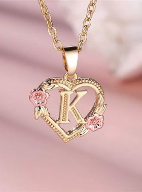 Female A-Z Letter Flower Pendant Necklace Yellow Gold Color