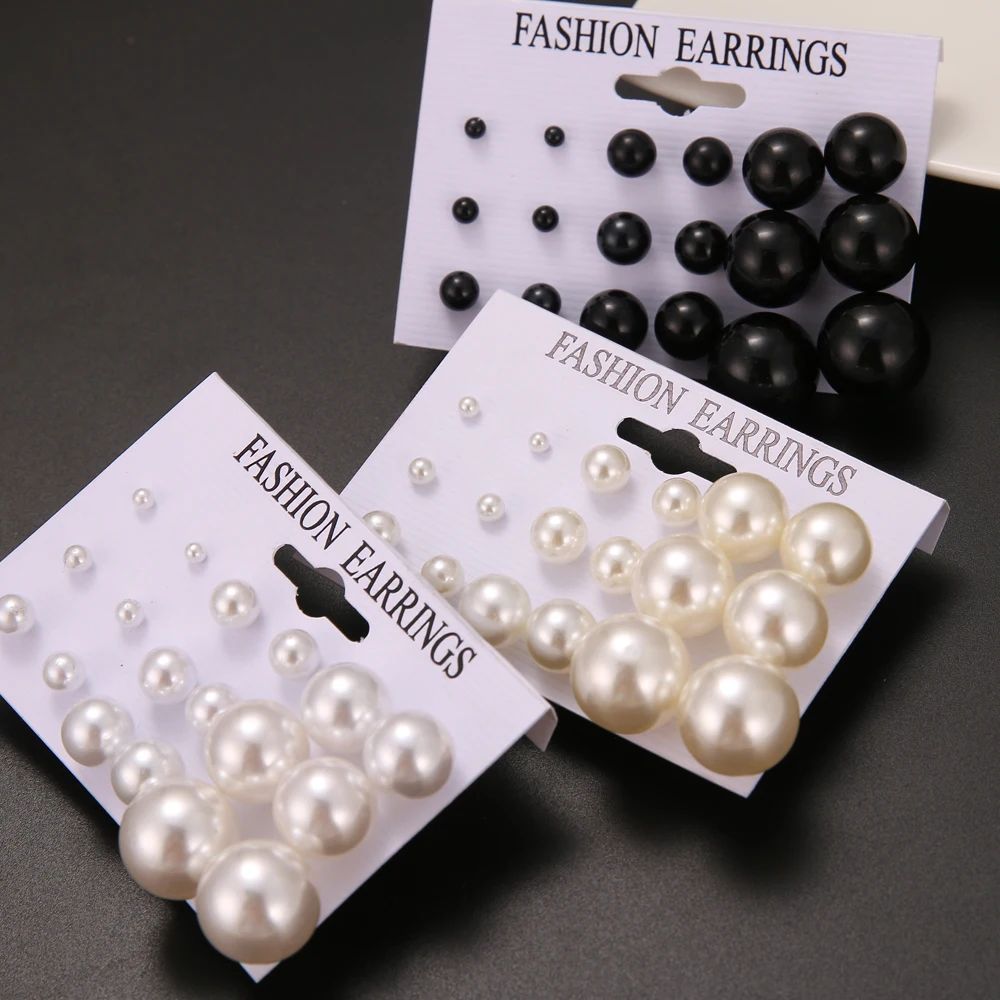 Oversized Pearl Earrings Set Korean Black White Beige Pearl-封面