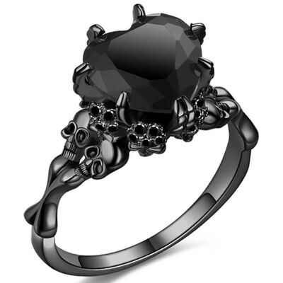 Skull Gothic Black Ring Heart-shape Red Crystal Vampire Doub