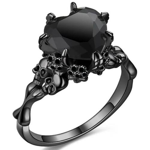 Skull Gothic Black Ring Heart-shape Red Crystal Vampire Doub