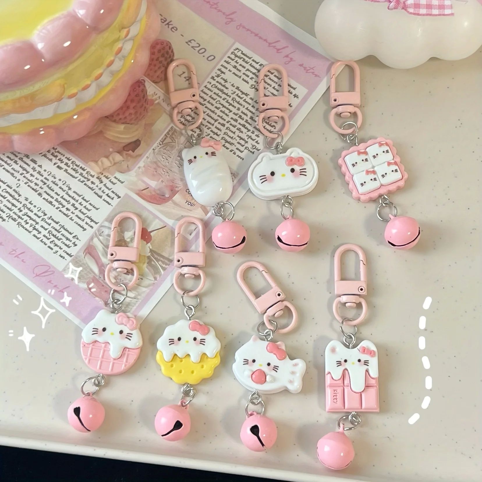 7Pc of Sanrio cute cartoon pink kitten bell pendant keychain
