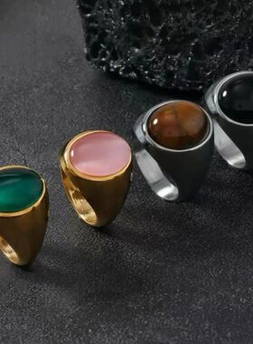 Vintage 316L Stainless Steel Black Pink Green Stone Ring For