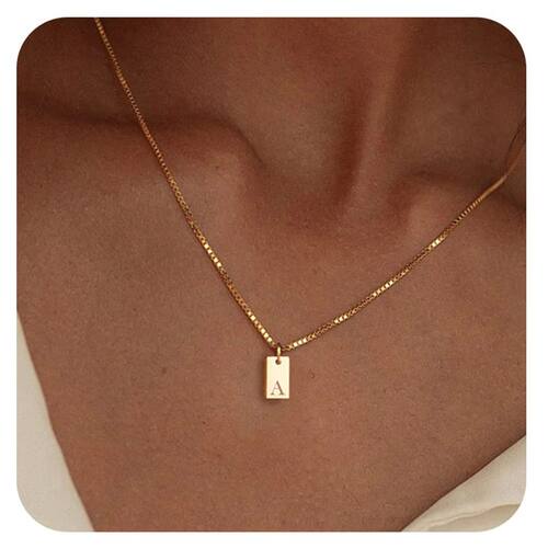 Tiny Square Initial Letter Necklaces Golden Plated Stainless