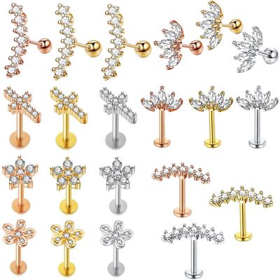 Crystal Flower Tragus Piercing Earring Flat 16G Cross Cartil