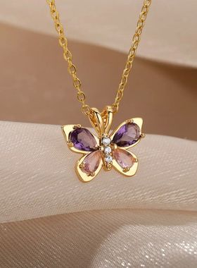 Cute Butterfly Necklace For Women Stainless Steel Crystal Pu