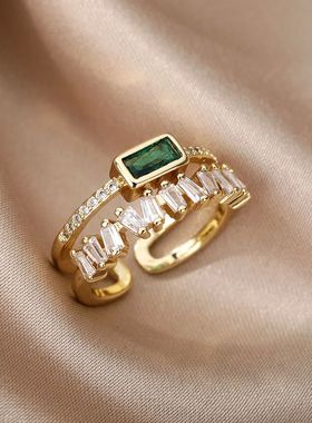 Classic Green Irregular Double Layer Zircon Rings For Women