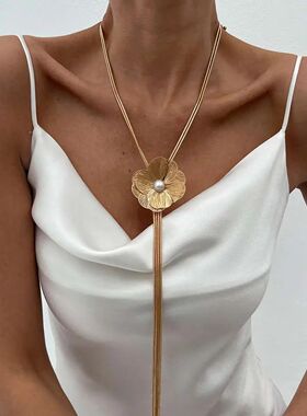 Long Tassels Chest Chain with Flower Pendants Necklace for W