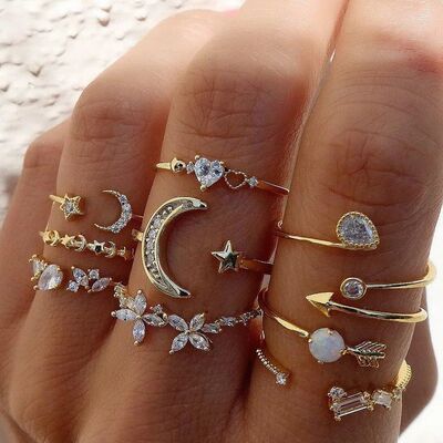 Boho Gold Color Heart Rings Set For Women Cubic Zirconia Sta