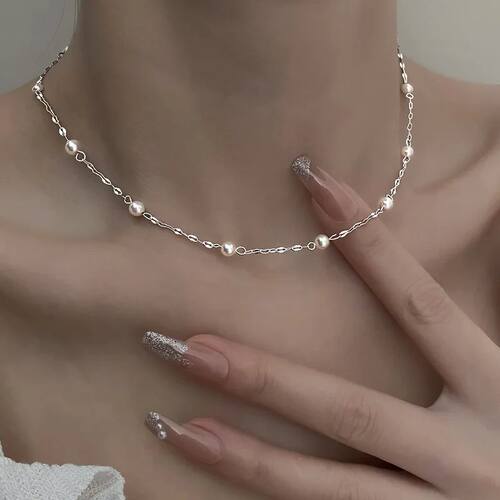 Silver Color Pearl Long Chain Choker Necklace For Women Wide