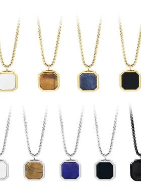 Fashion Square Natural Stone Necklace Stainless Steel Geomet