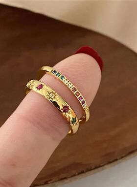 INS Stainless Steel Rainbow Color Cubic Zircon Stone Finger