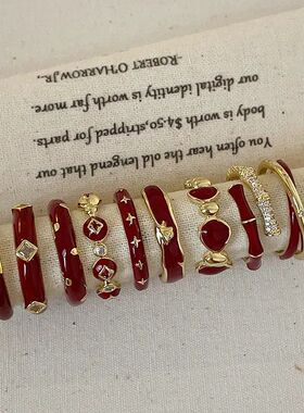 Y2K Vintage Red Drip Oil Bow Rings for Women Girls Cool Swee