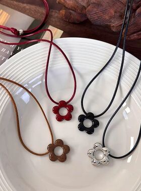 Simple Flower Long Rope Necklace Women Hollow Flower Pendant