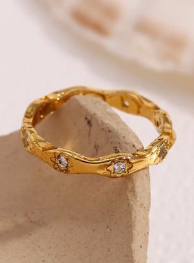 Rhinestone Eight Awn Star Wave Shape Ring Stainless Steel 18