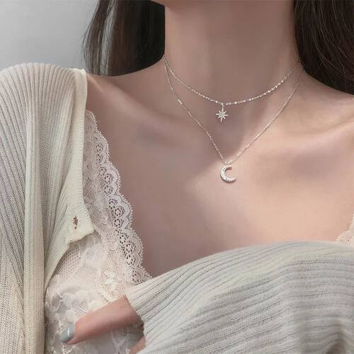 Silver Color Double Layer Star Moon Necklace for Women Charm