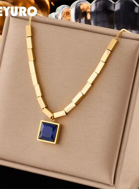 316L Stainless Steel Square Blue Zircon Necklace For Women N