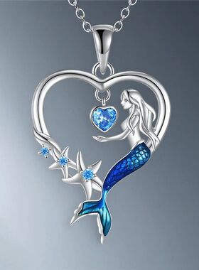 Luxury Female Crystal Blue Zircon Stone Heart Mermaid Pendan