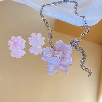 2Pc Pink Flower Resin Necklaces Women Sweet Zircon Collarbon