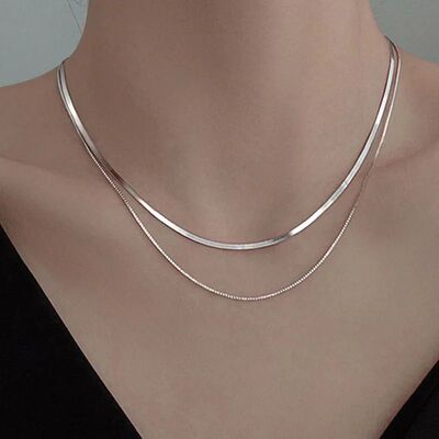 Silver Double Layer Box Chain Snake Clavicle Chain Necklace