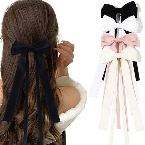 Korean Solid Color Ribbon Big Bow Long Tassel Hair Clips for