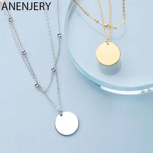 Double Layer Round Disc Pendant Necklace Gold Color Bead Cha