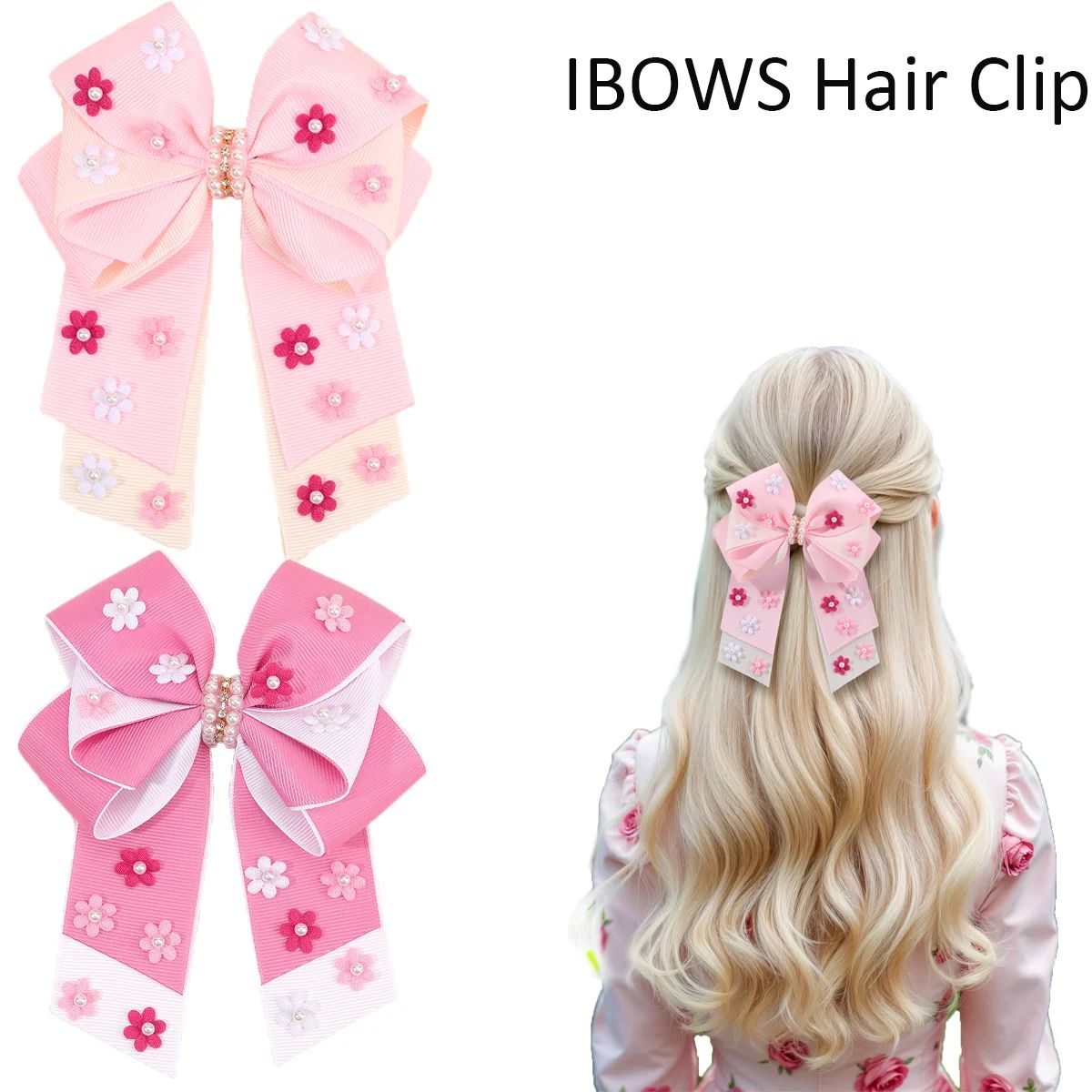 New Flower Bow Hair Clip Sweet Pearls Floral Pink Hairpin Ri