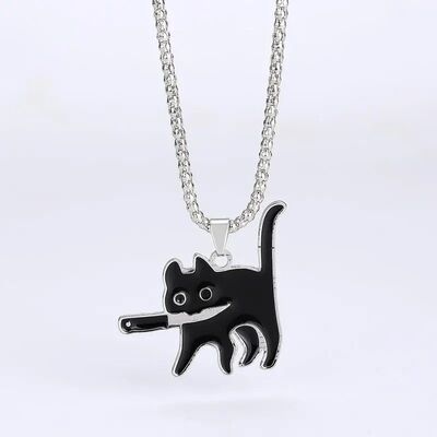 Hip Hop Fashion Knife Cat Necklace for Women Men Kpop Funny