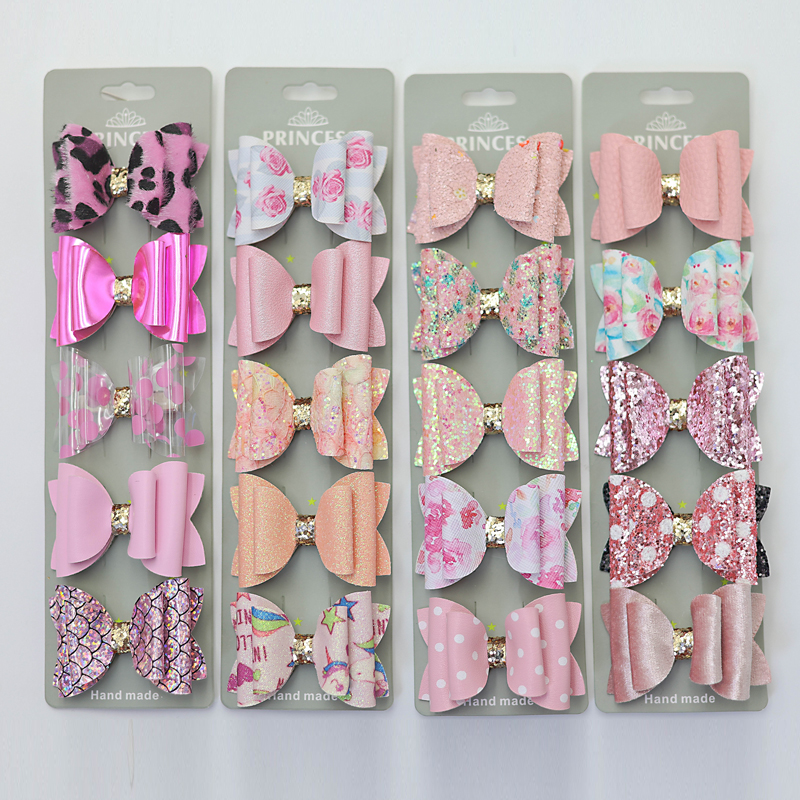 5Pcs Girls Sets 2.3in Daily Kawaii Hairpin Shiny Bow Side