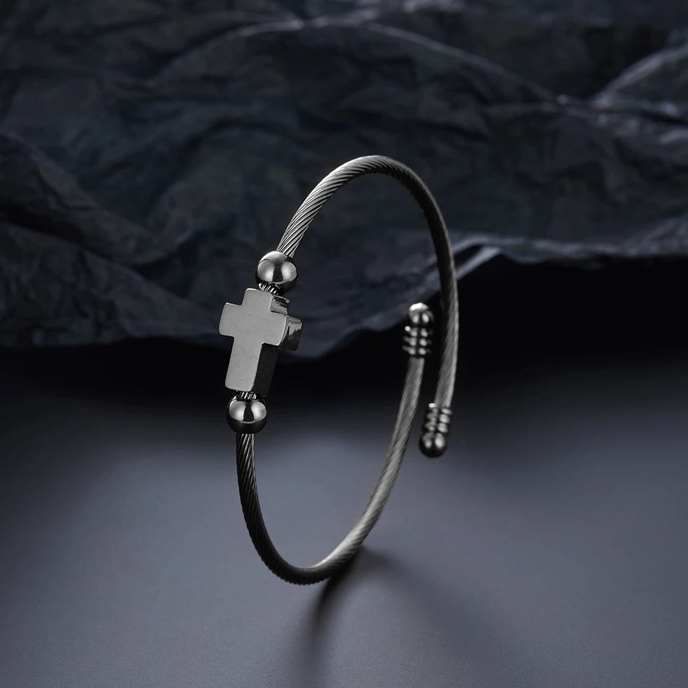 Jesus Cross Bangles Mens Stainless Steel Wirerope Braided Be