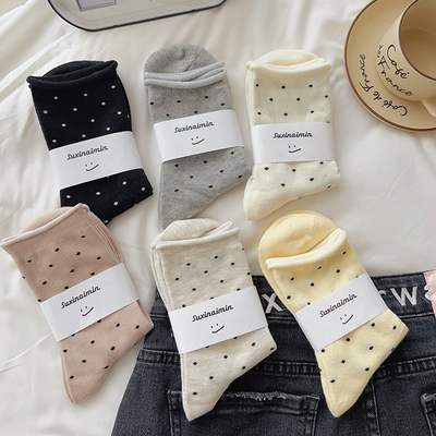 波点女中筒袜纯棉堆堆袜