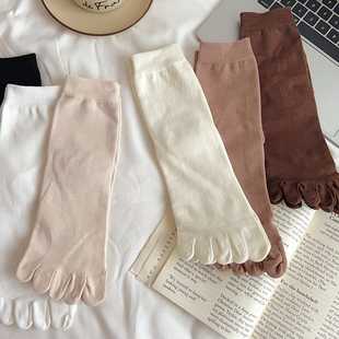 五指袜子女春秋款中筒日系可爱纯棉五趾袜纯色分指袜秋冬季黑白色