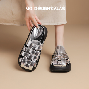 银色洞洞拖鞋女2026夏季新款白色懒人外穿包头半拖鞋厚底时尚鞋子