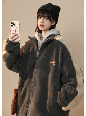 XZ413-HW92-P100-2023冬装新款配色休闲潮流百搭羊羔毛加棉外套