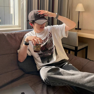 美式复古高街短袖T恤男夏季宽松潮牌印花纯棉情侣半袖体恤打底衫