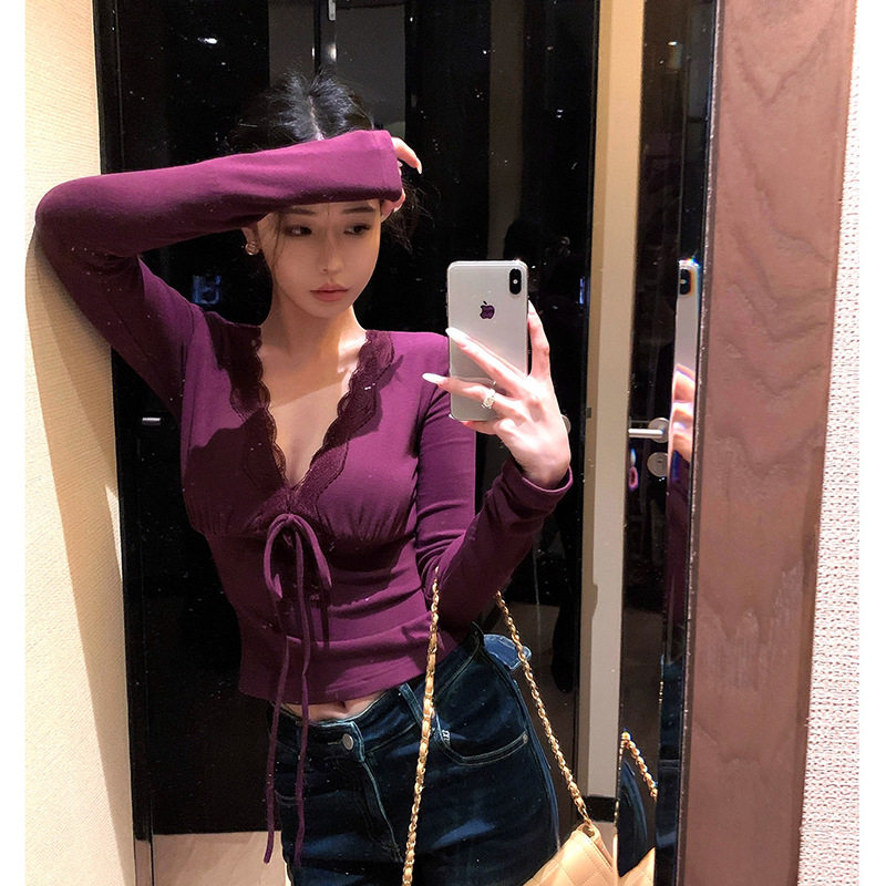 纯欲蕾丝拼接v领长袖紫色t恤女T恤