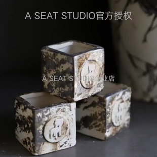 A SEAT STUDIO泰国进口复古做旧小方盆块根绿植手工花盆