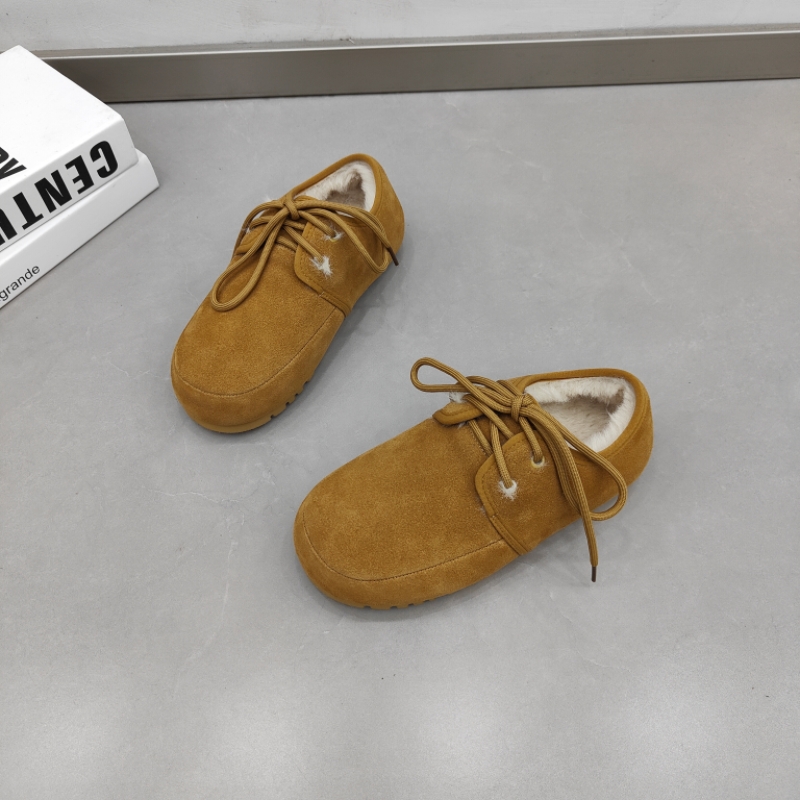 真皮乐福鞋女2024冬季新款软底面包鞋磨砂皮纺织毛绒平底豆豆棉鞋