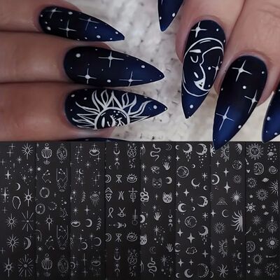 8pcs silver sun moon star nail art stickers easy to apply fo