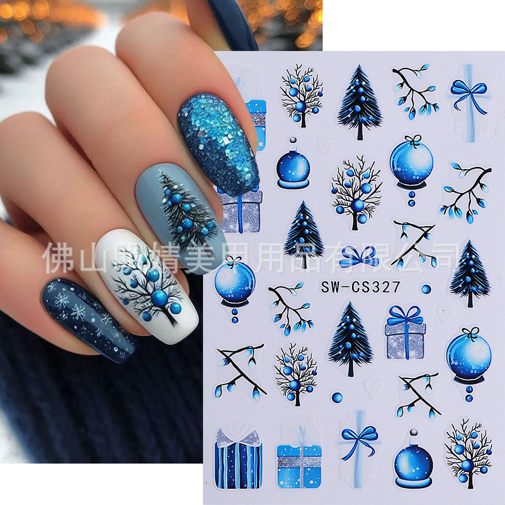 Winter Christmas Nail Stickers Blue Christmas Tree Lantern G