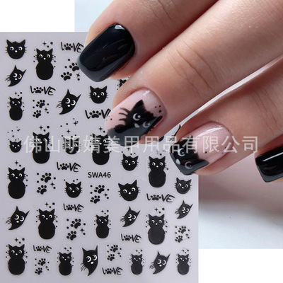 Nail Stickers Black Kitten Cat Claw Cute Cat Back Adhesive N