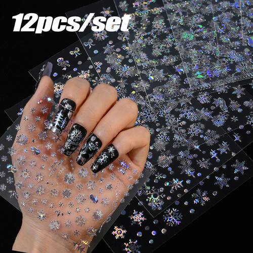 12Pcs Christmas Laser Silver Snowflakes Nail Stickers Set 3D