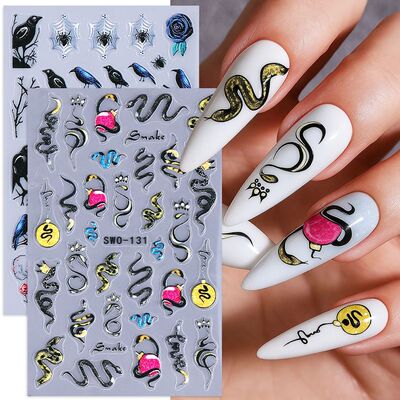 2pcs Halloween Nail Stickers Snake Moon Spider Web Crow Skul