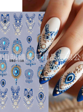 Micro Carved Nail Sticker Blue Water Drop Gem Mandala Alien