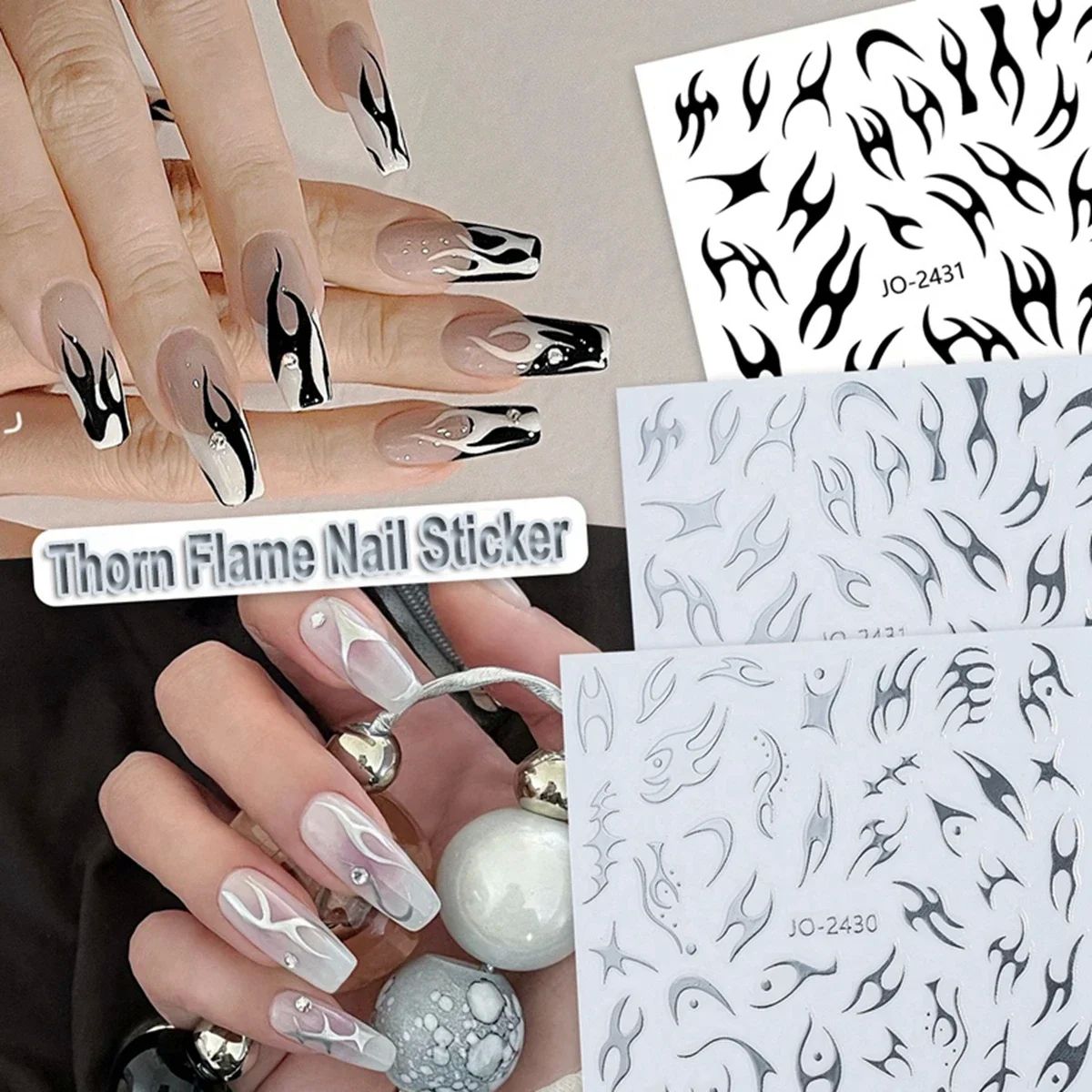 Style Irregular Silver Thorn Flame Nail Stickers for Neutral