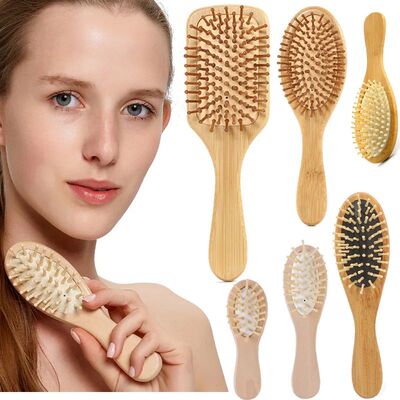 Eco Bamboo Hair Brush Nature Wooden Anti-Static Detangle Bru