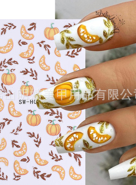 Nail Stickers Autumn Pumpkin Flash Gold Leaves Bronzing Harv