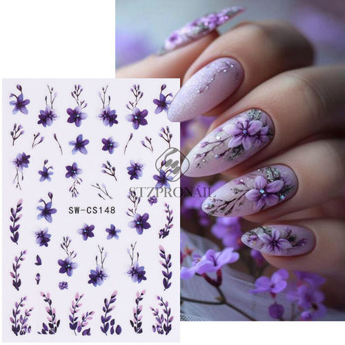 Nail Stickers Spring And Summer 3d Vintage Flowers Purple Tu